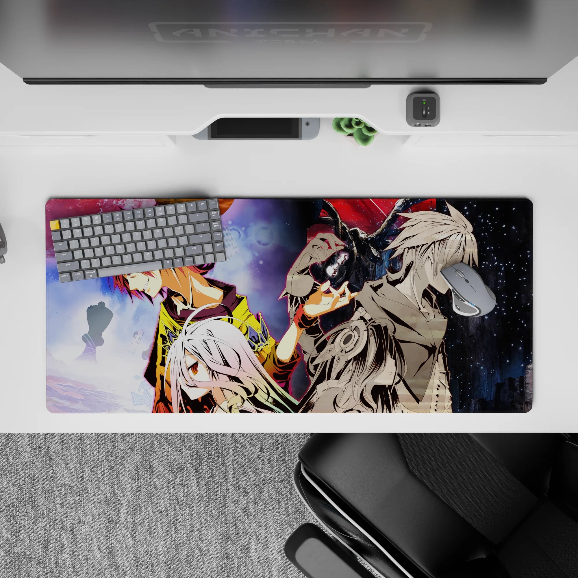 Anime desk pad 36x16 inches in yellow, lavender, crimson, and dark space with intense dreamy mood.