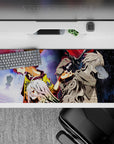 Anime desk pad 36x16 inches in yellow, lavender, crimson, and dark space with intense dreamy mood.