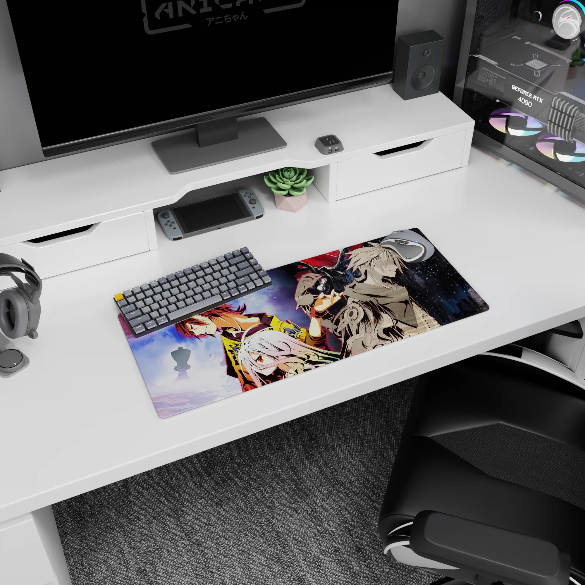 Sora and Shiro anime mouse pad, 28x12 inches, layered space scene with bold contrast and style.