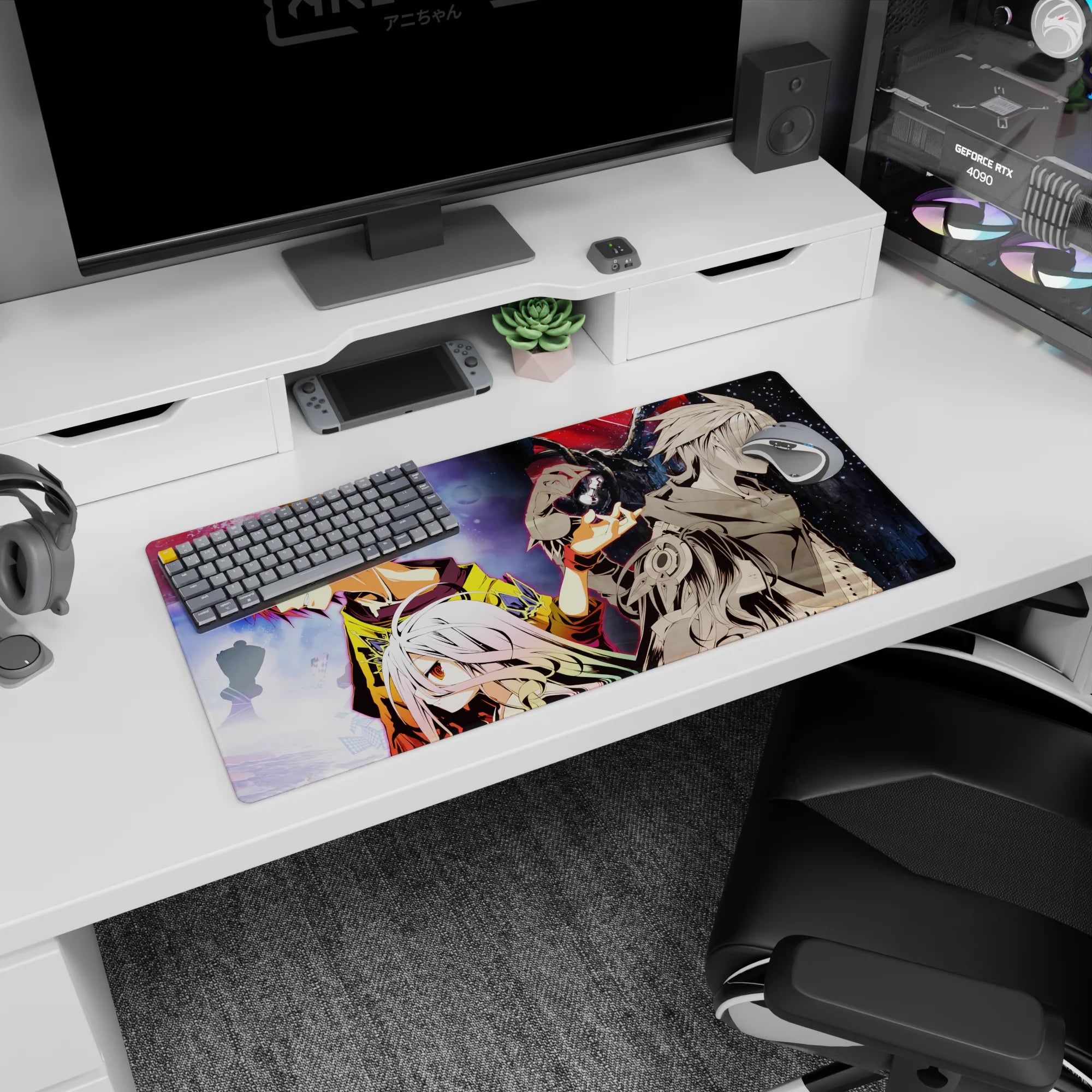32x16 inches anime mouse pad showing Sora above Shiro in a bold split-space No Game No Life scene.