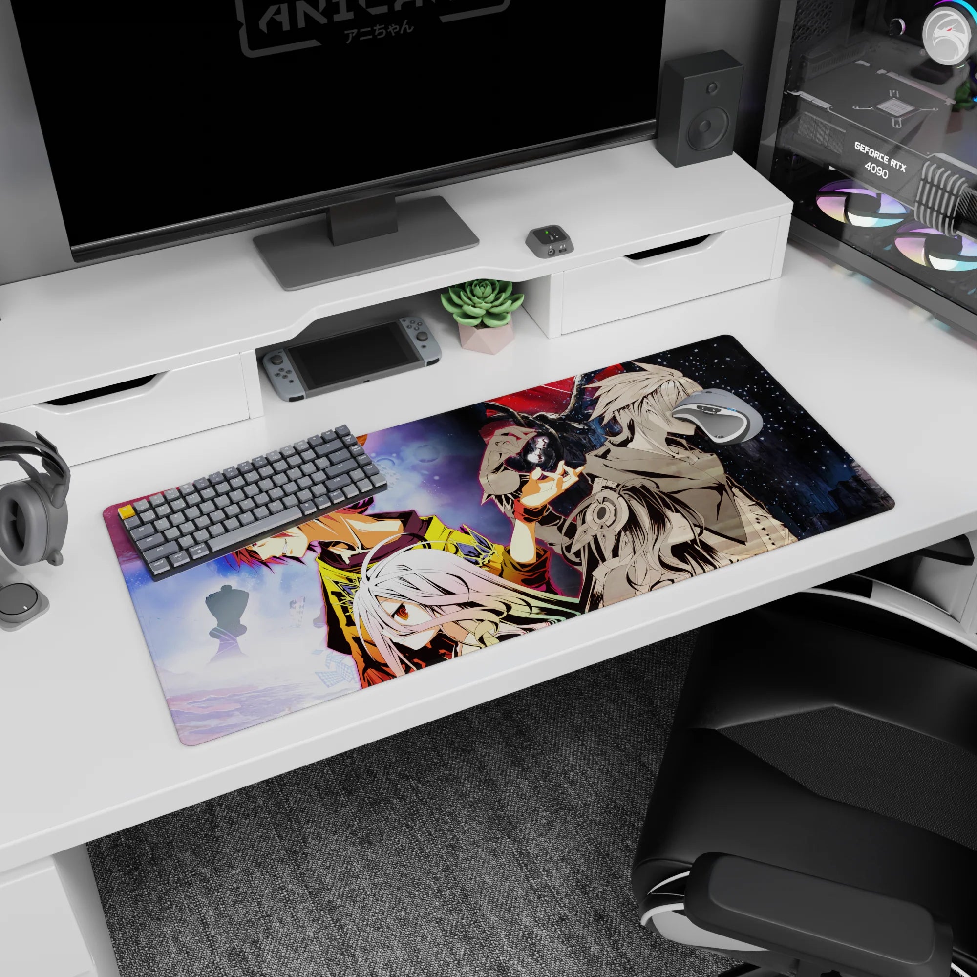 Sora and Shiro anime mouse pad 36x16 inches with bold split scene and layered cosmic background.
