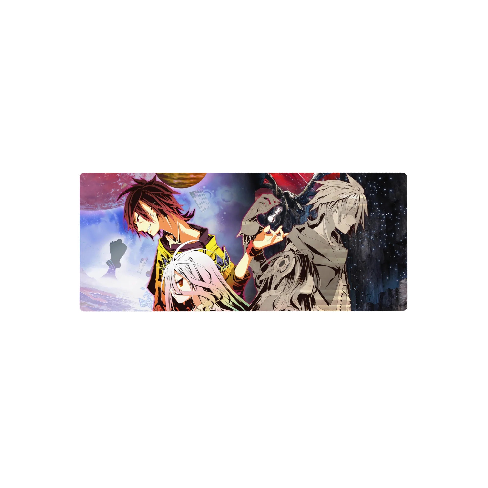 No Game No Life anime mouse pad, 28x12 inches, split cosmic design with Sora and Shiro.