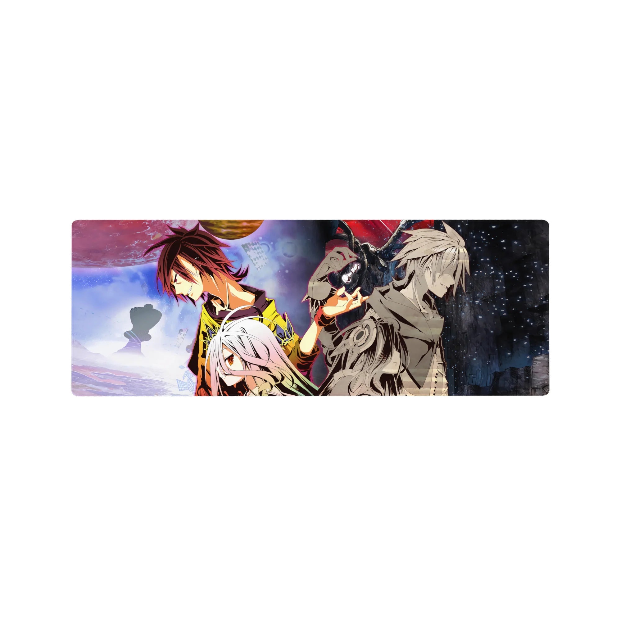 No Game No Life anime mouse pad, 32x12 inches, split cosmic design with Sora and Shiro.