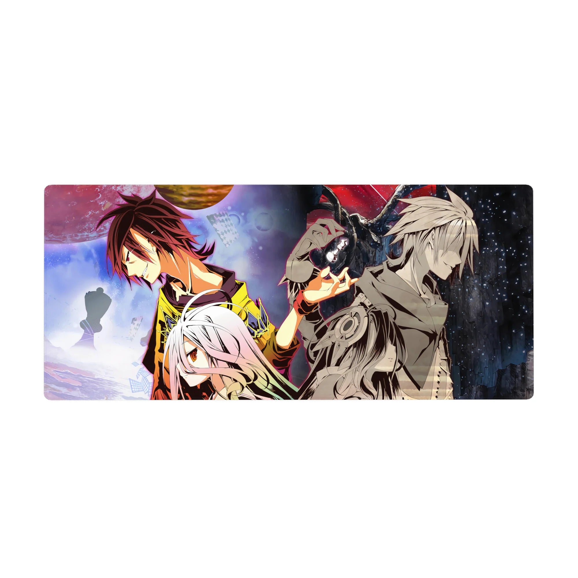 No Game No Life anime desk pad 36x16 inches with split cosmic art of Sora and Shiro.