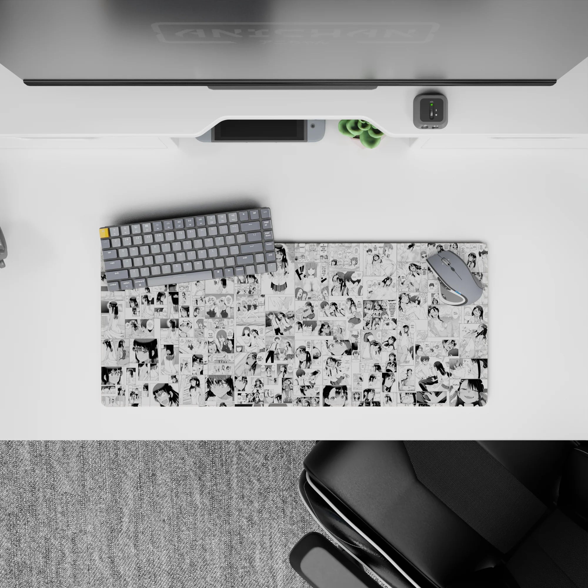 28x12 inches anime girl mouse pad in crisp black-and-white ink style, playful comic mood, smooth glide surface.