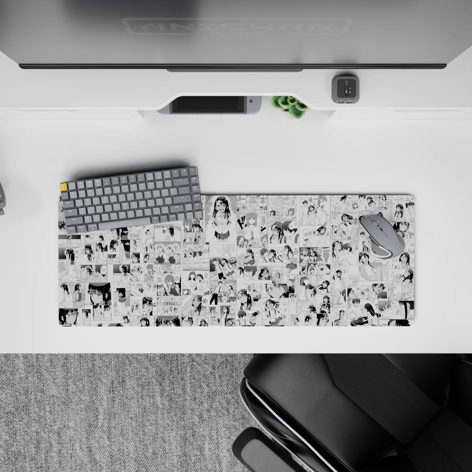 32x12 inches black-and-white anime desk mat with crisp inked linework, blushy reactions, playful comic mood.