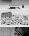 32x12 inches black-and-white anime desk mat with crisp inked linework, blushy reactions, playful comic mood.