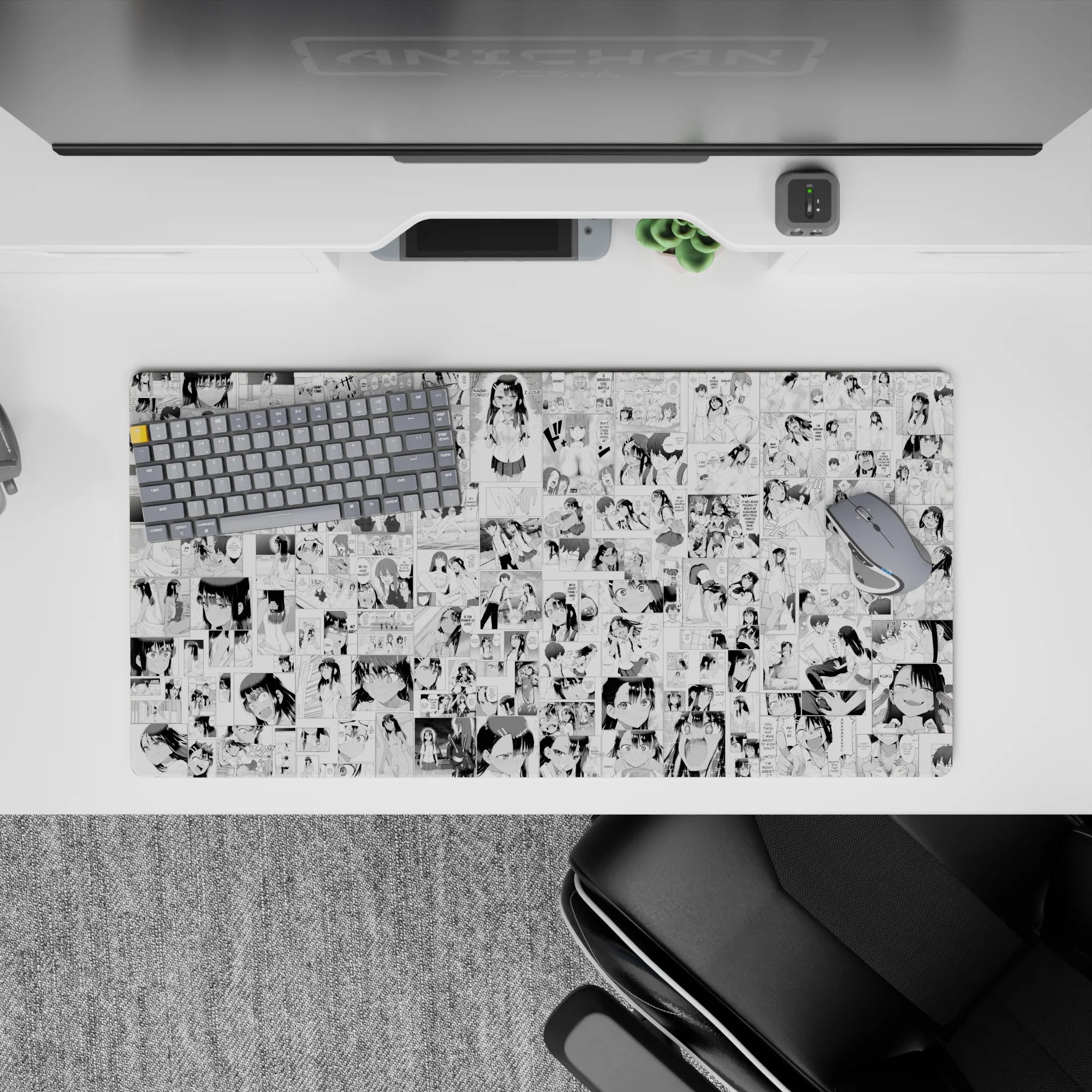 32x16 inches black-and-white anime girl mouse pad with cute blushy reactions and crisp inked linework.