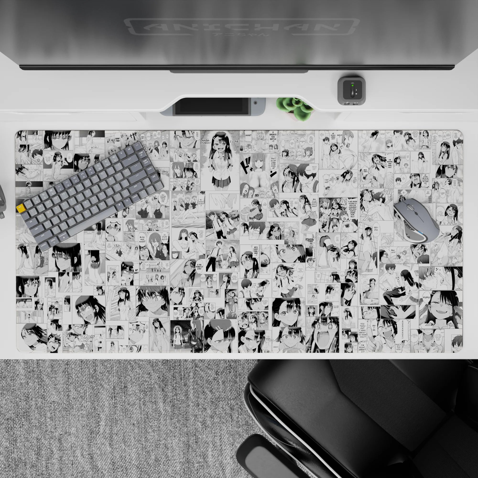 Black-and-white anime girl desk pad 40x20 inches with crisp ink line art and cute blushy reactions.