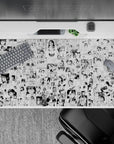 Black-and-white anime girl desk pad 40x20 inches with crisp ink line art and cute blushy reactions.