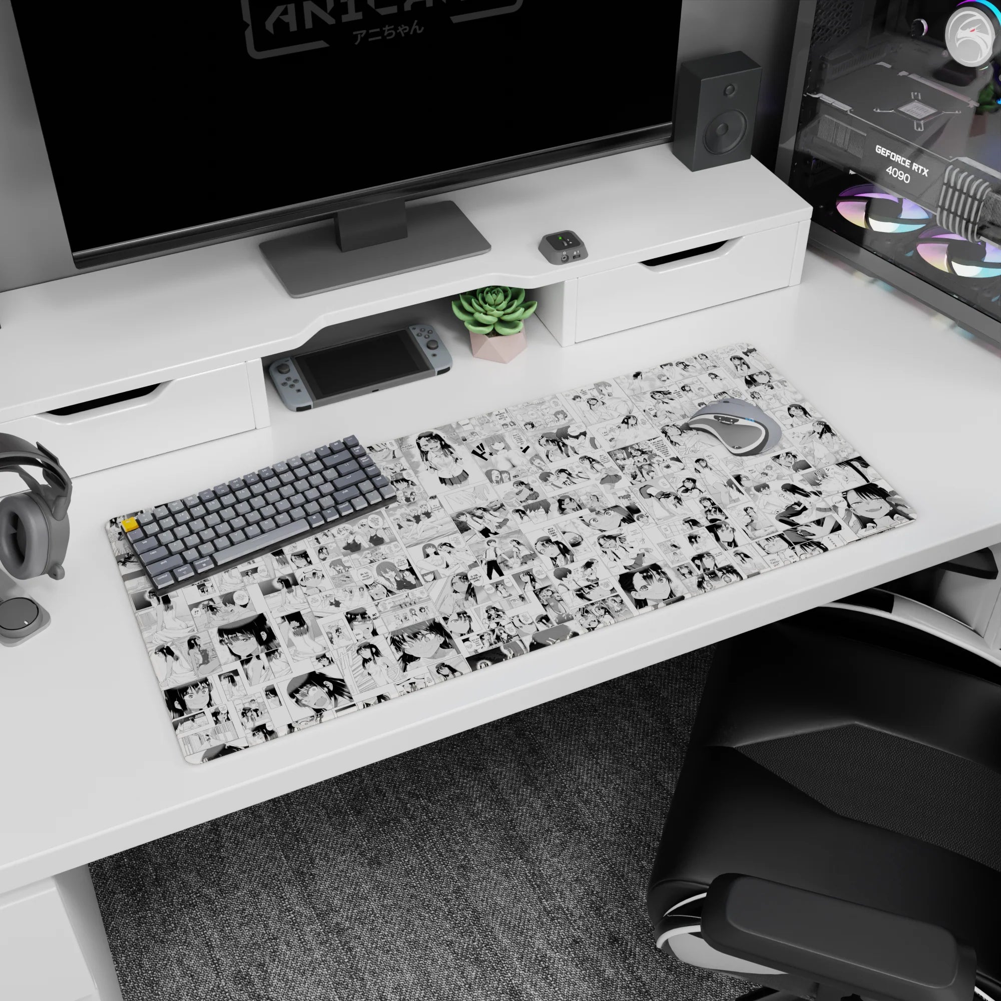 36x16 inches anime girl desk pad featuring wide-eyed schoolgirls, ribbons, skirts, and cheeky reactions.