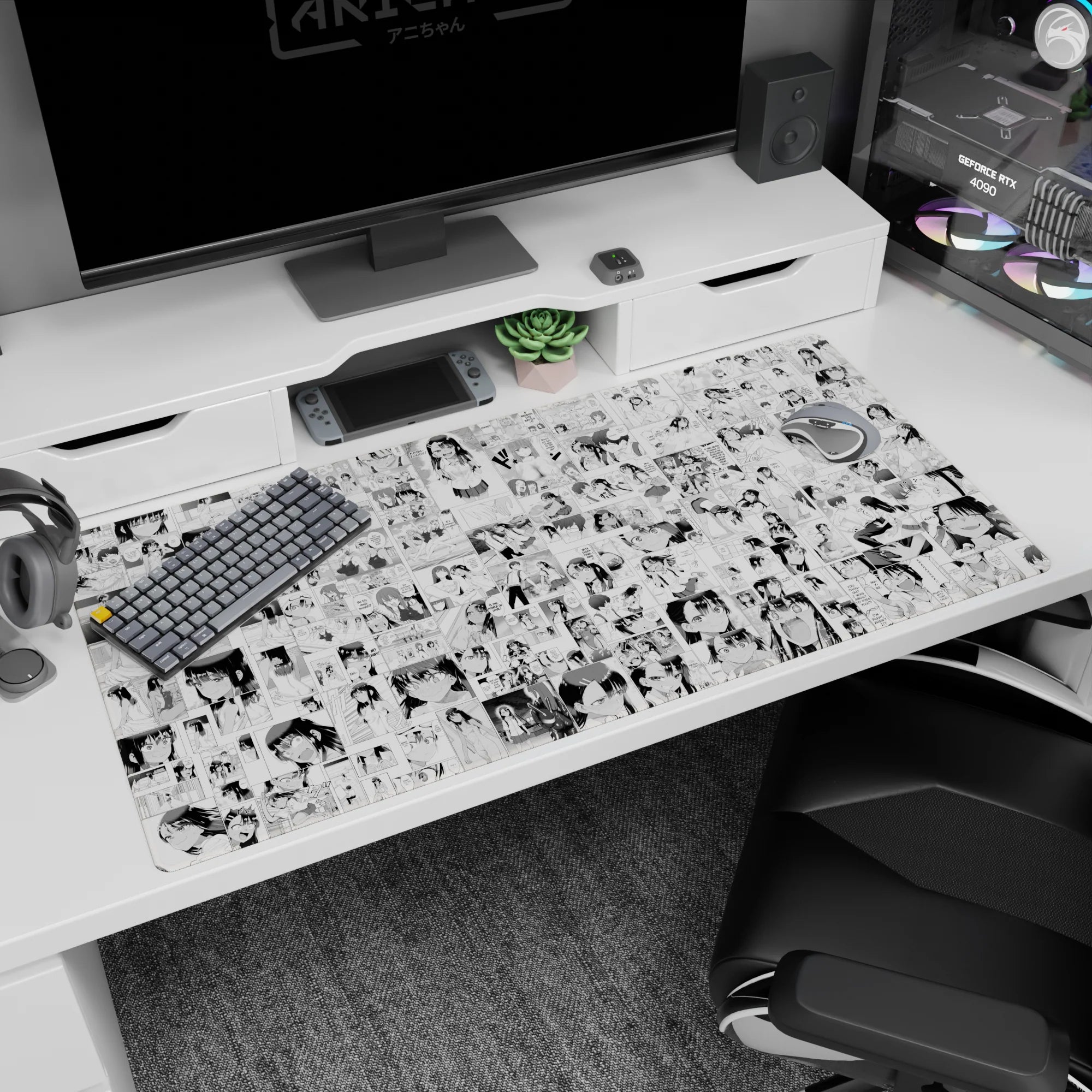 School-uniform anime girls in a busy comic panel pattern desk pad 40x20 inches with bold eyes.