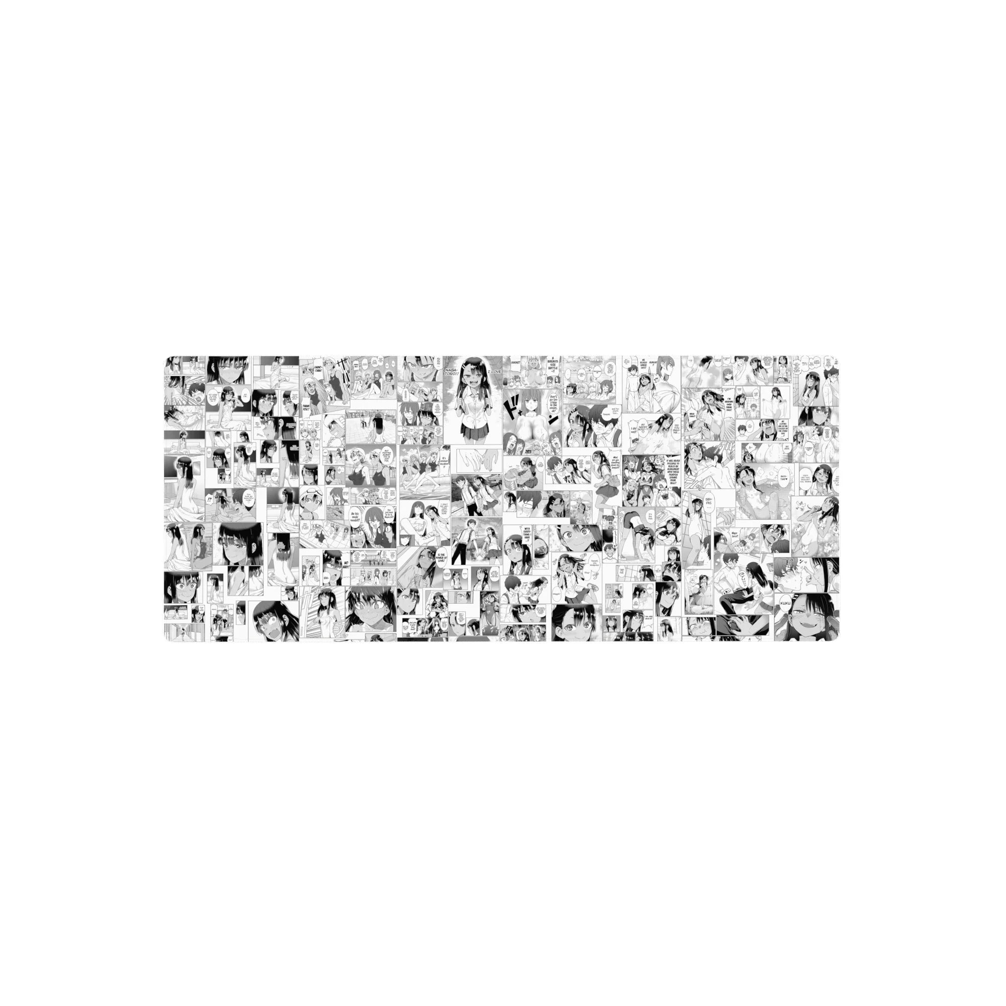 28x12 inches anime girl mouse pad with black-and-white manga collage, cute faces, uniforms, and speech bubbles.
