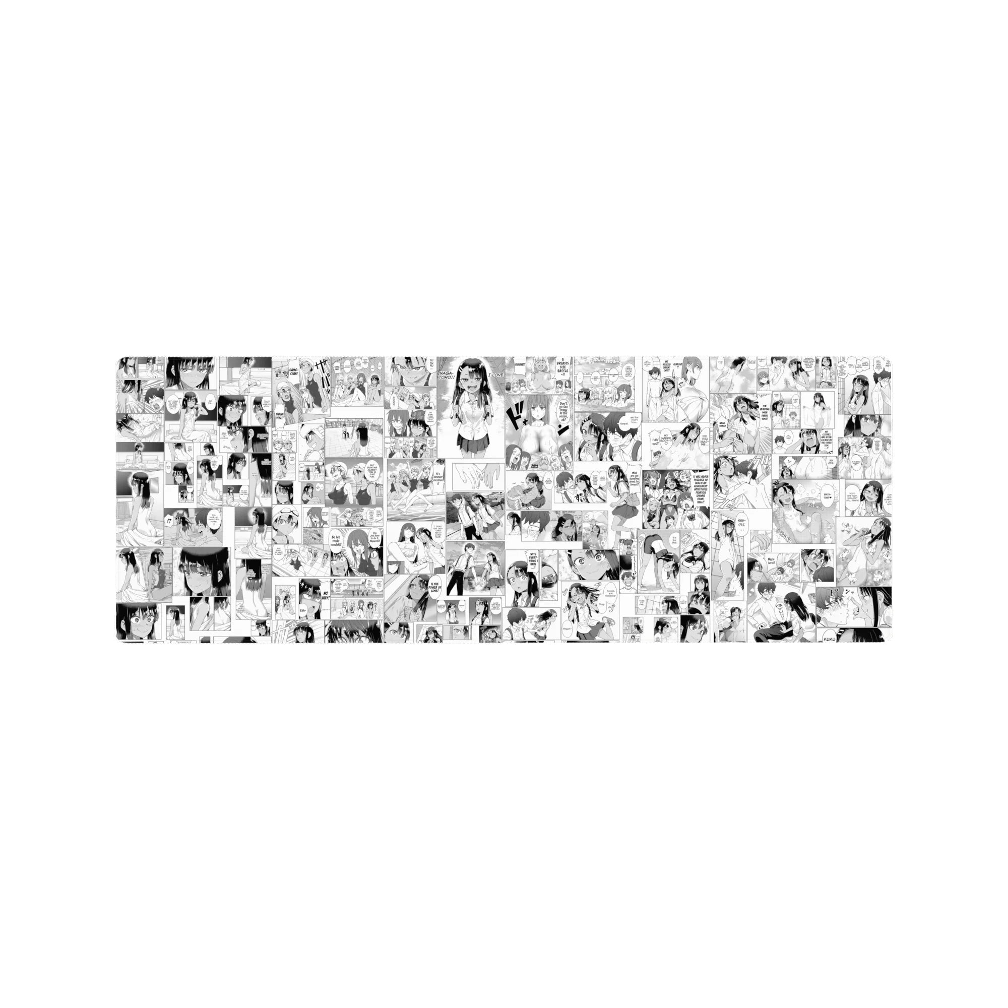 32x12 inches anime girl mouse pad with black-and-white manga collage, cute faces, poses, and speech bubbles.