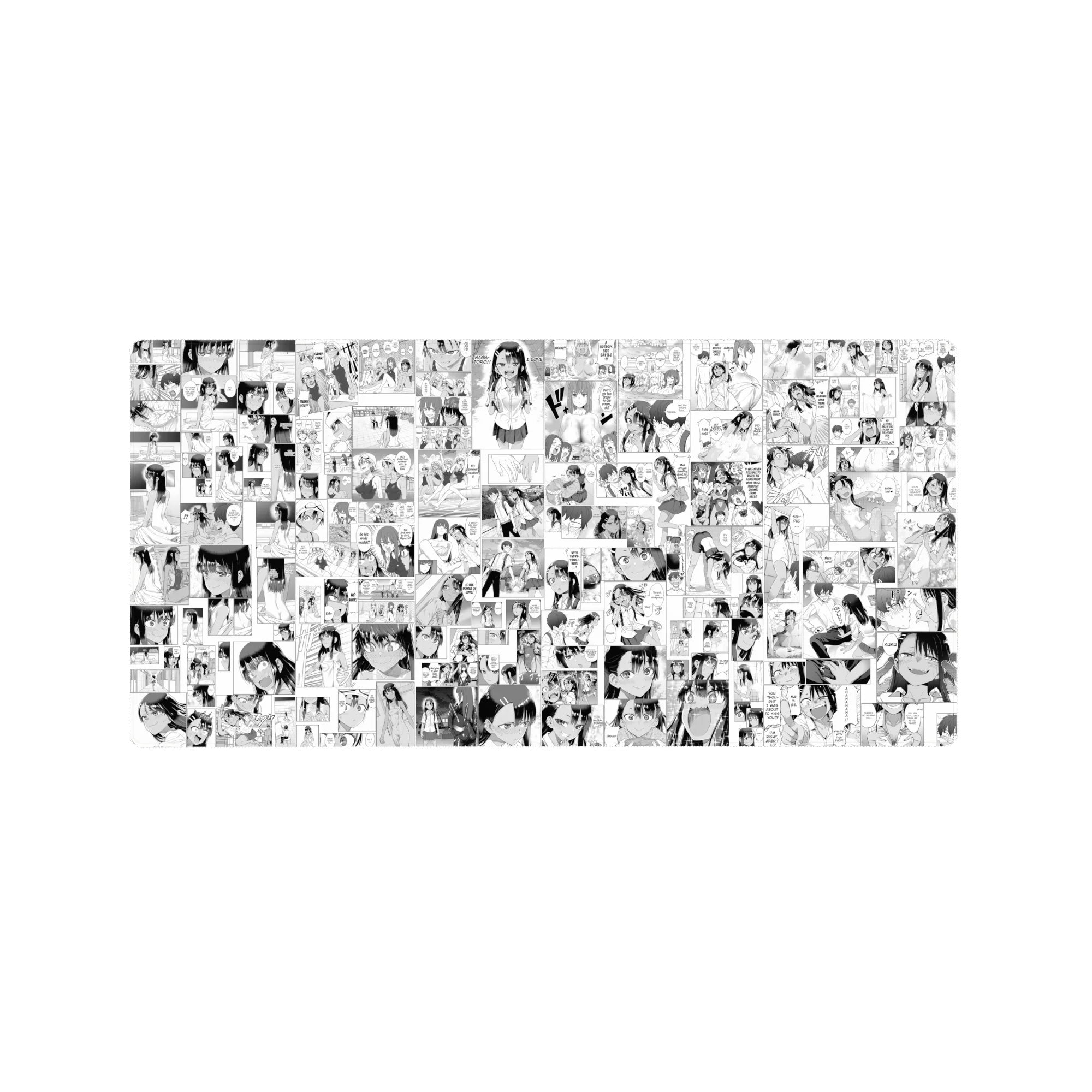 32x16 inches anime girl mouse pad with manga collage pattern, school uniforms, ribbons, and speech bubbles.