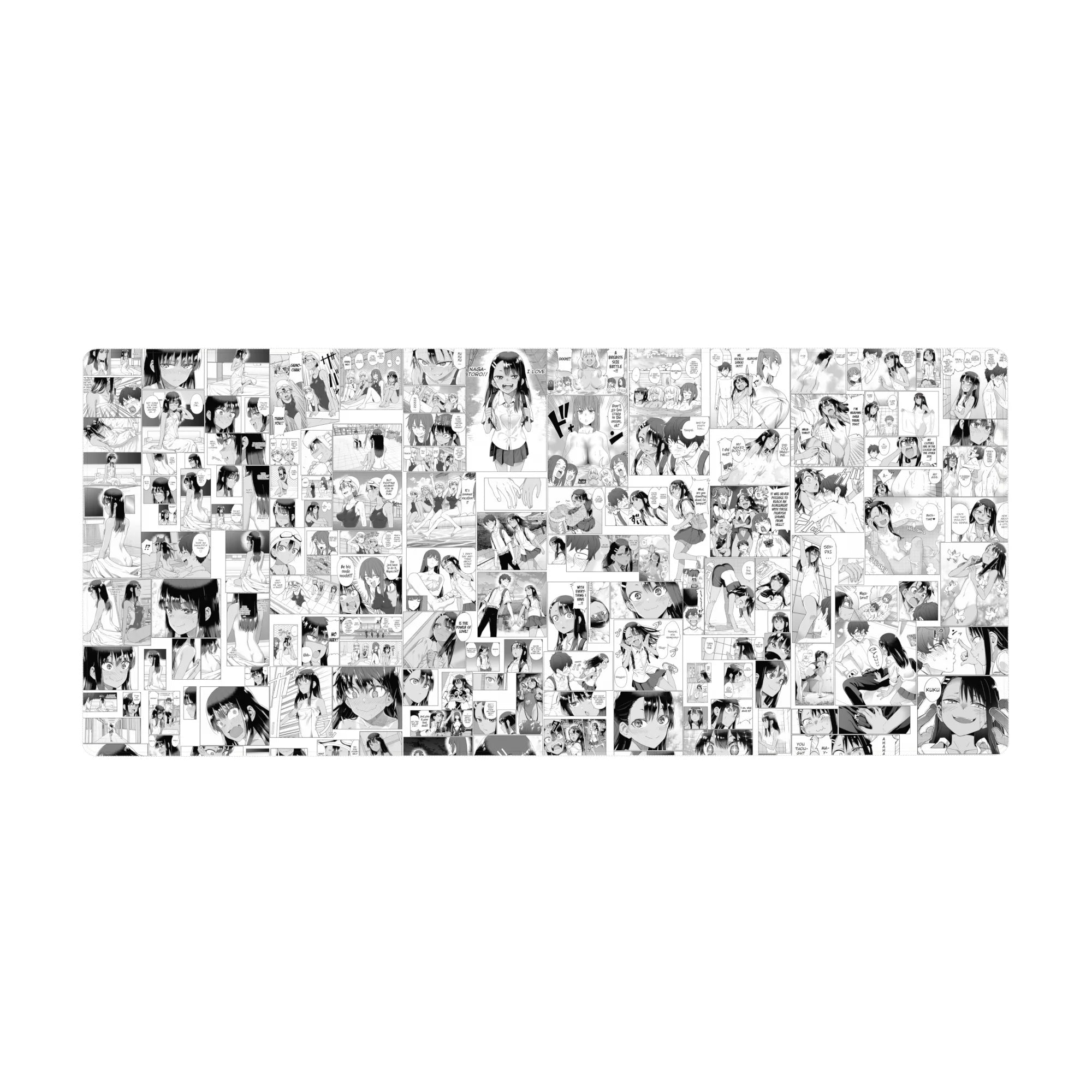 36x16 inches anime girl desk pad with manga collage pattern, cute faces, school uniforms, and speech bubbles.