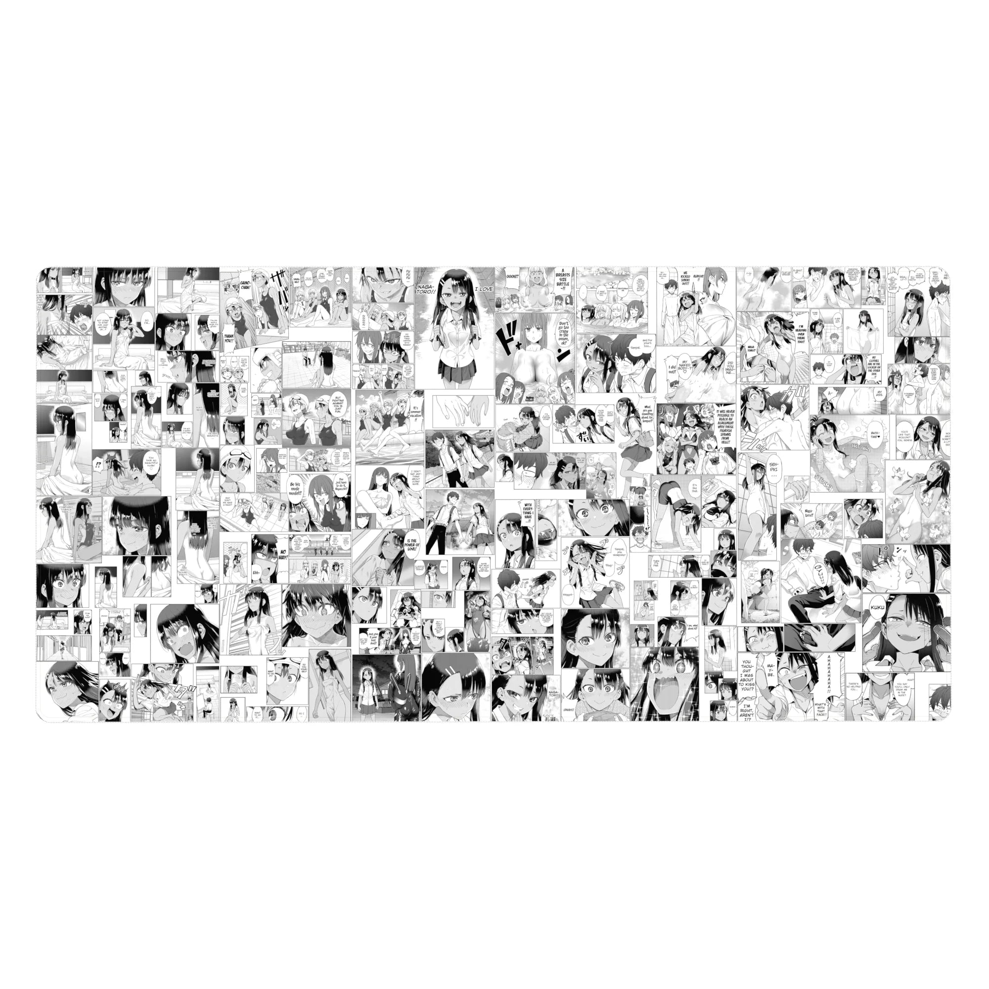 Anime girl manga-collage desk pad 40x20 inches with speech bubbles, ribbons, and playful poses.