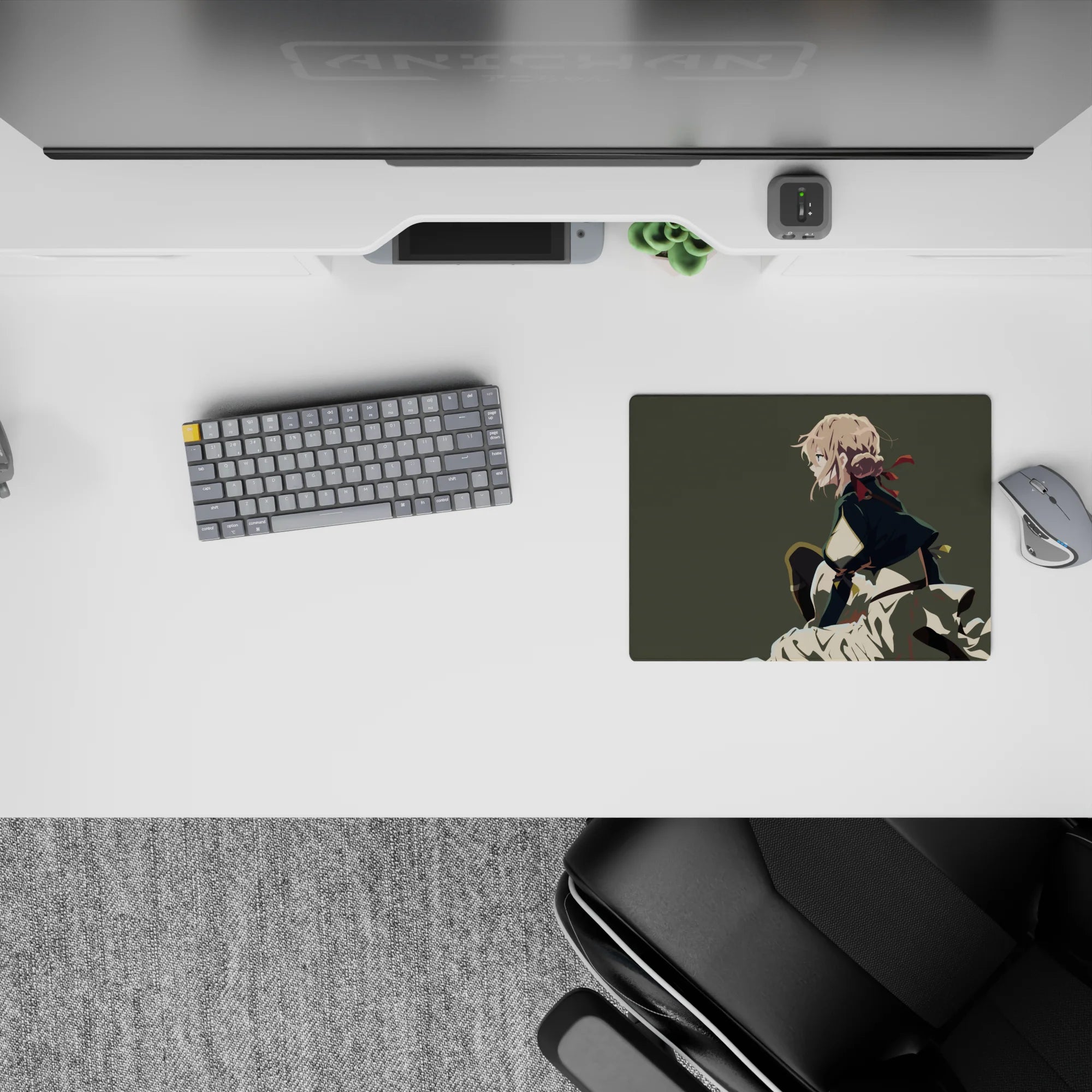 Olive-gray backdrop anime mouse pad 14x10 inches with calm fierce vibe, cream skirt and dark cape.