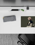 Olive-gray backdrop anime mouse pad 14x10 inches with calm fierce vibe, cream skirt and dark cape.