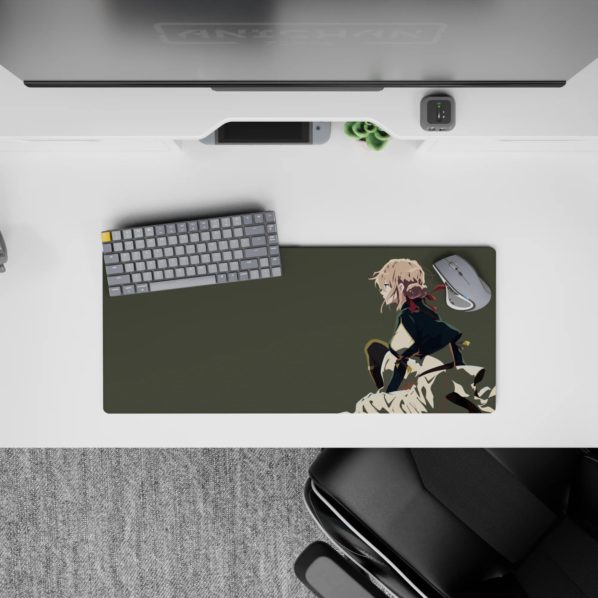 Olive-gray anime mouse pad 28x12 inches, soft calm mood with bold cream and black contrast accents.