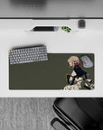 Olive-gray anime mouse pad 28x12 inches, soft calm mood with bold cream and black contrast accents.