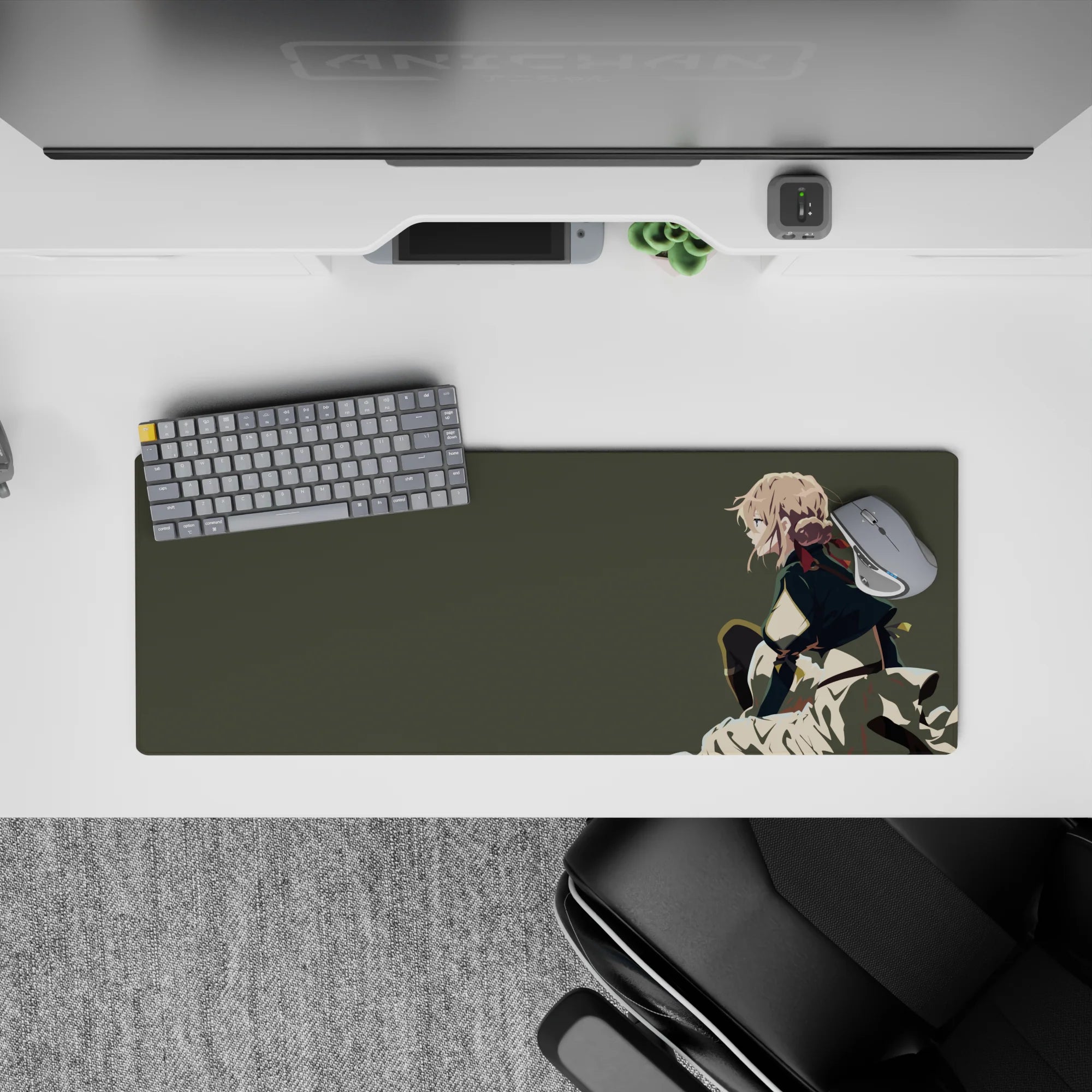Olive-gray anime mouse pad 32x12 inches with calm fierce vibe, cream skirt, dark cape, red ribbon.