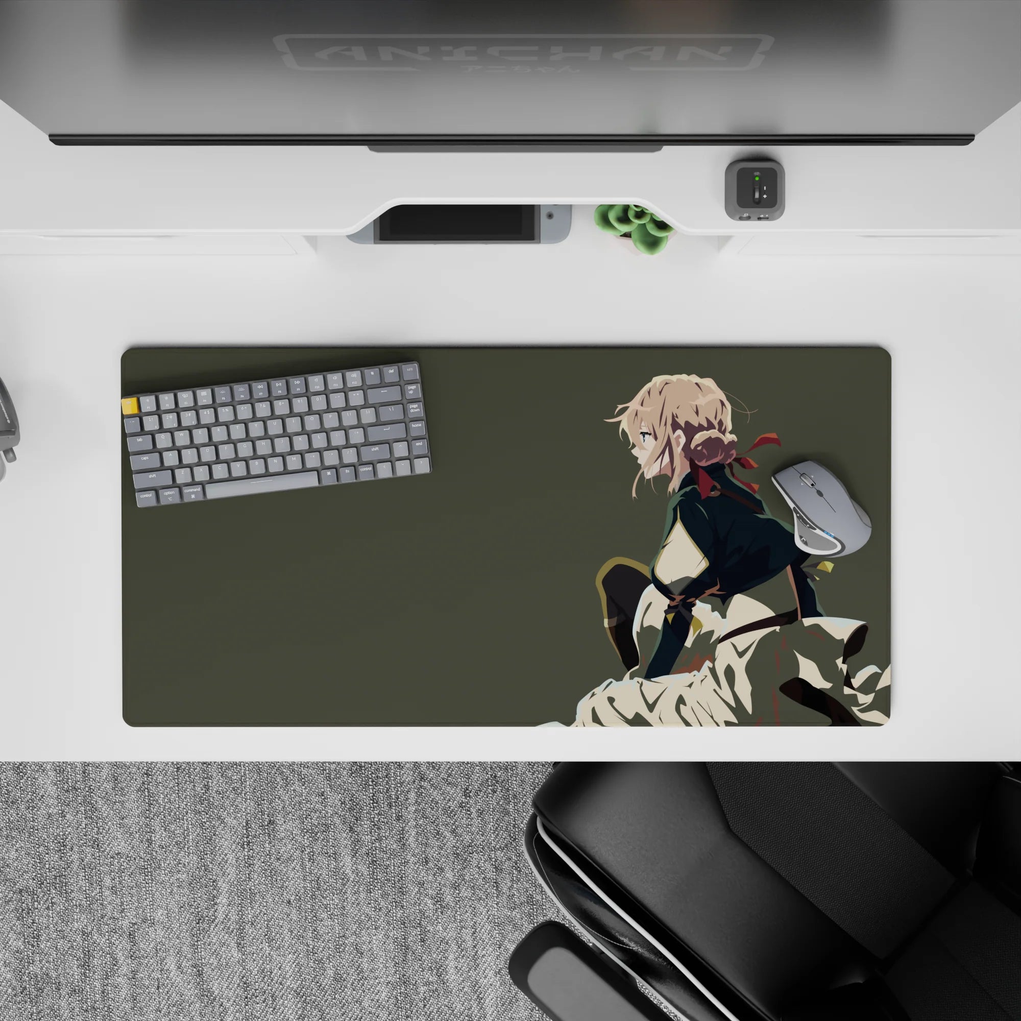 32x16 inches anime girl mouse pad in soft olive-gray tones, cream skirt, dark cape, and red ribbon accent.