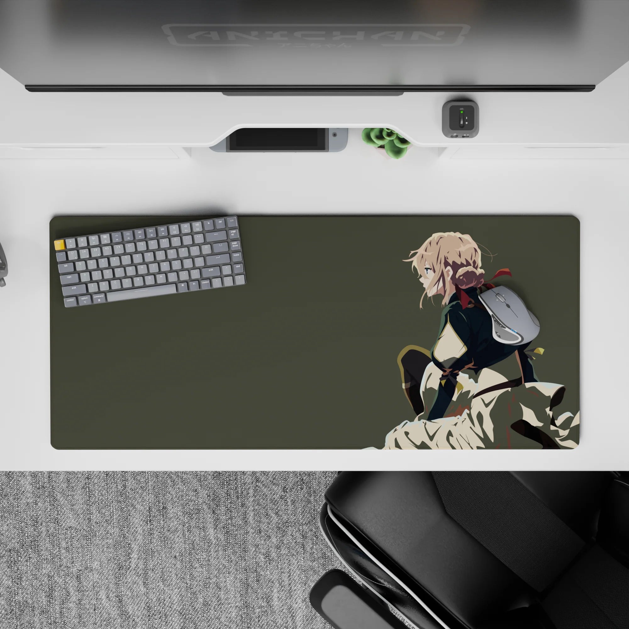 36x16 inches anime mouse pad in soft olive-gray with cream skirt, dark cape, and dramatic red ribbon.