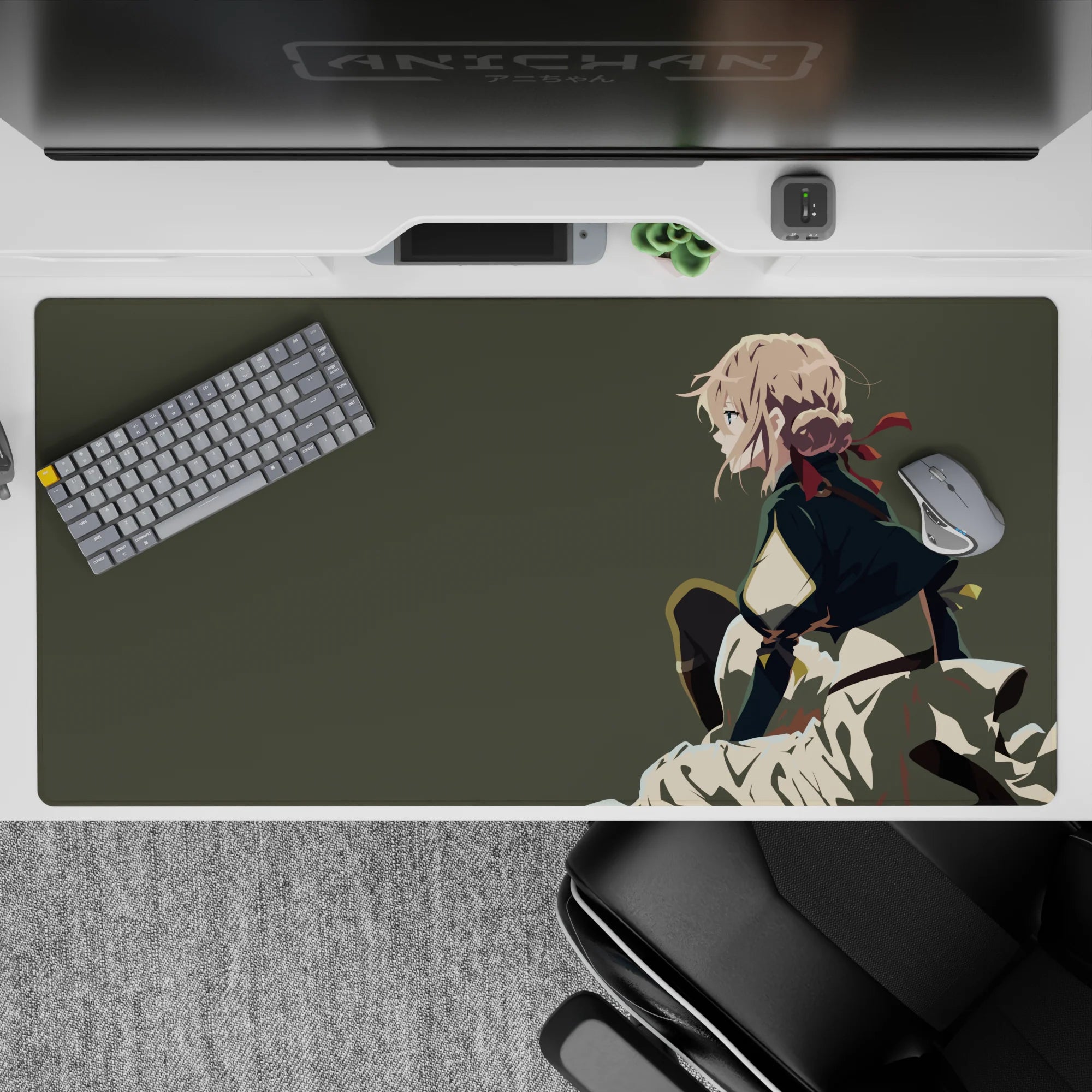 Moody olive-gray anime desk pad 40x20 inches with soft painterly folds, clean contrast, cozy glide.