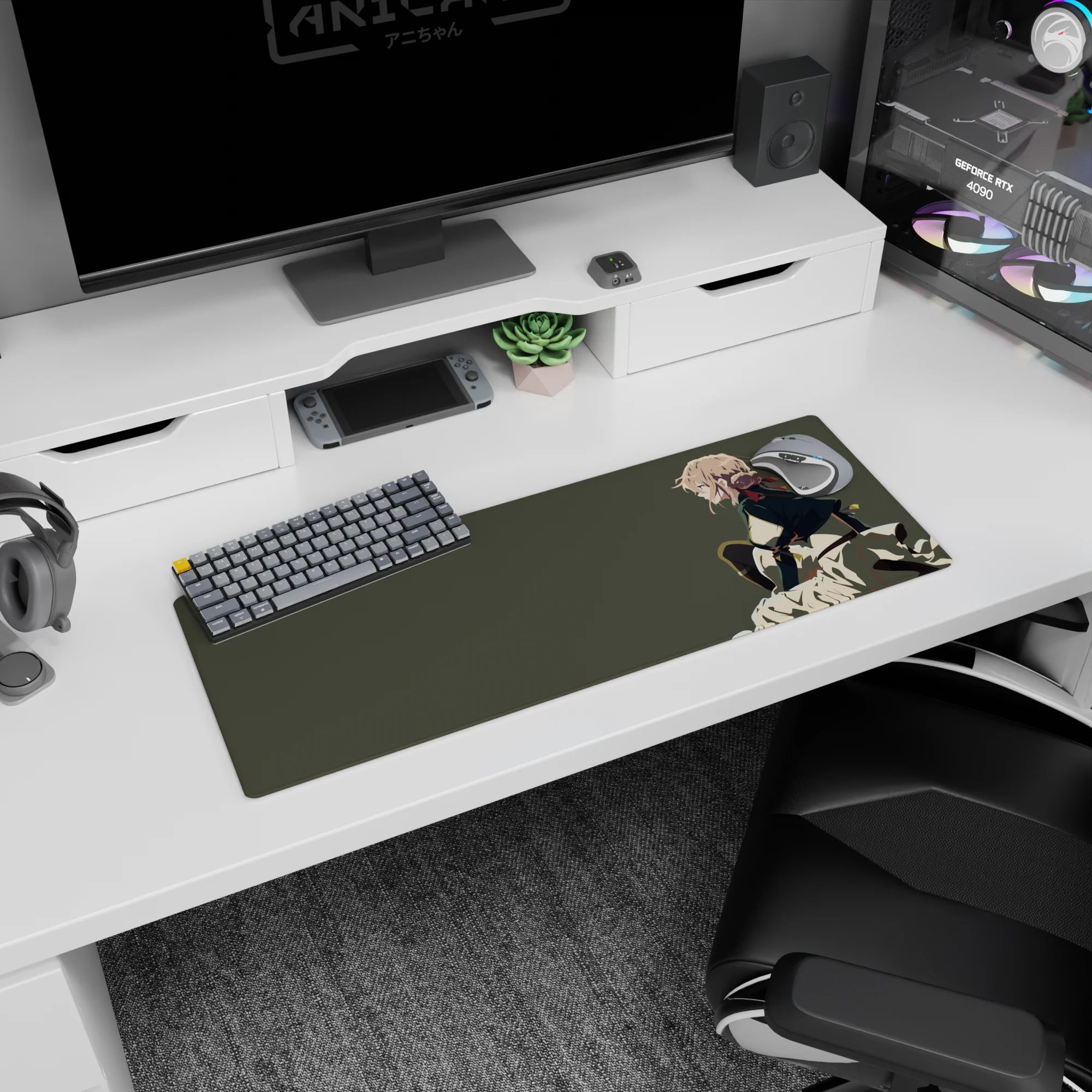 32x12 inches anime girl mouse pad showing blonde heroine crouching, eyes on the horizon, wind-swept folds.
