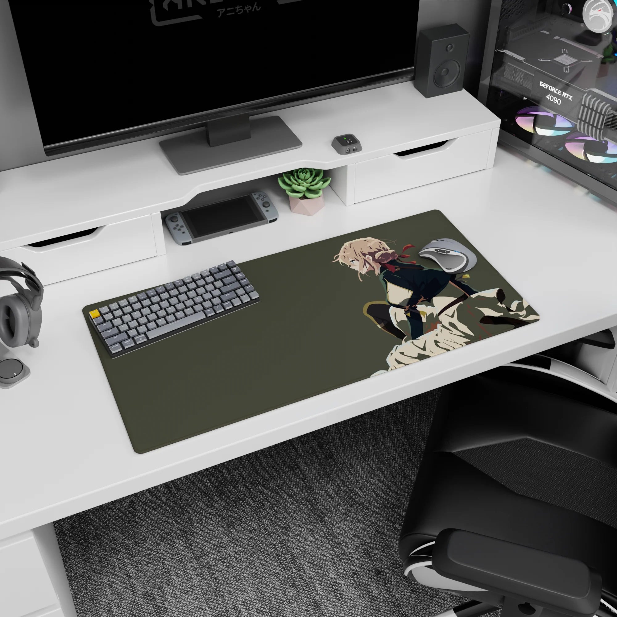32x16 inches anime girl mouse pad showing a crouching blonde heroine staring ahead, wind-swept folds and cape.