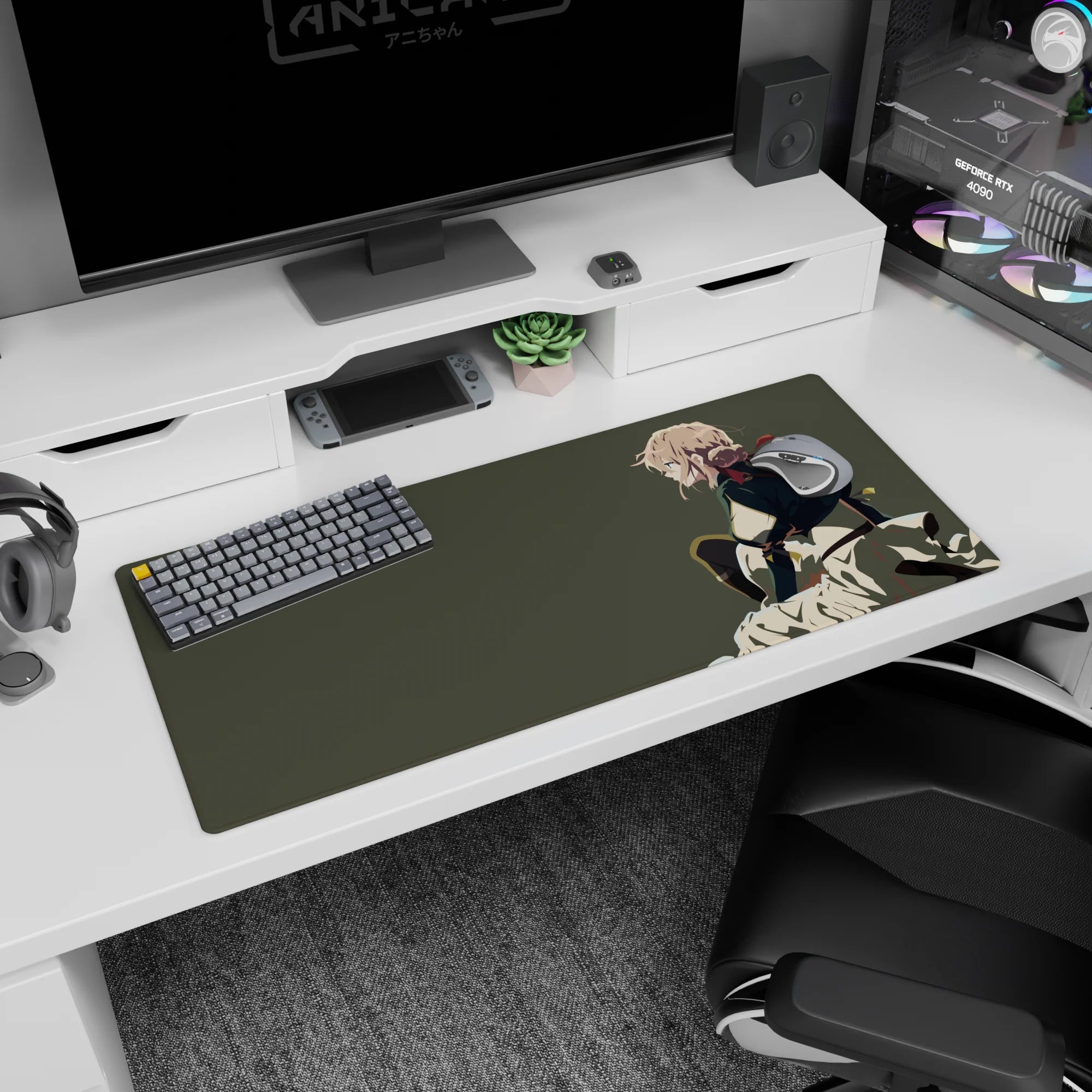 36x16 inches desk pad showing a crouching blonde anime heroine staring ahead, wind-swept cape flowing.