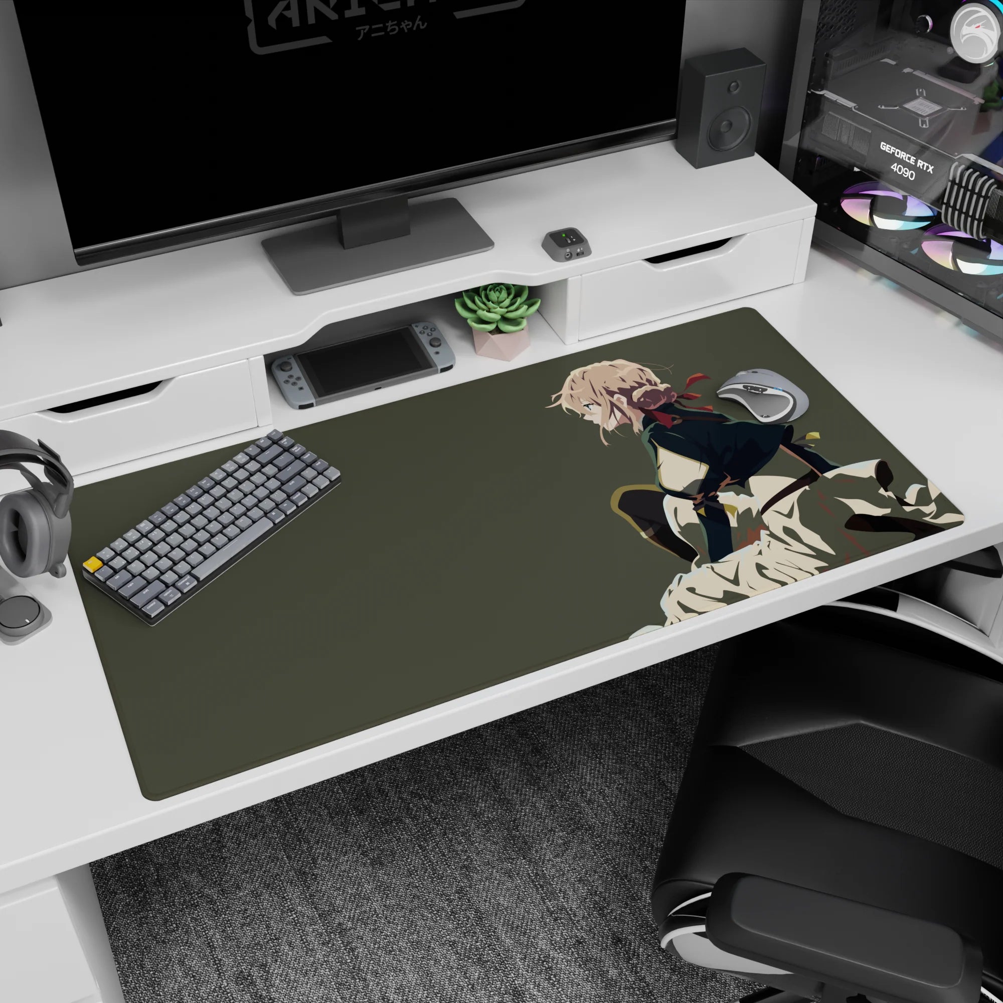 Blonde anime heroine crouching in profile on desk pad 40x20 inches, eyes on horizon, wind-swept cape.