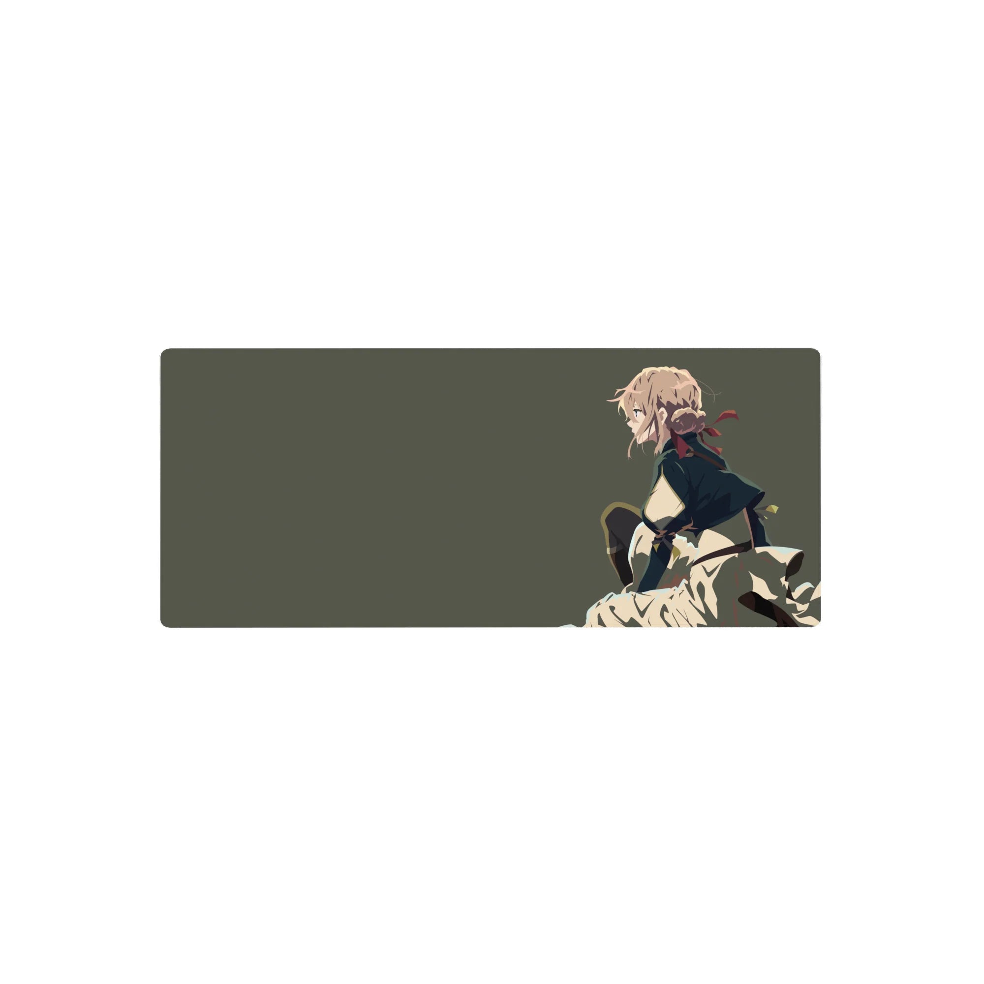 Anime girl mouse pad 28x12 inches with blonde heroine in profile, cream skirt, dark cape, red ribbon.