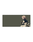 Anime girl mouse pad 28x12 inches with blonde heroine in profile, cream skirt, dark cape, red ribbon.