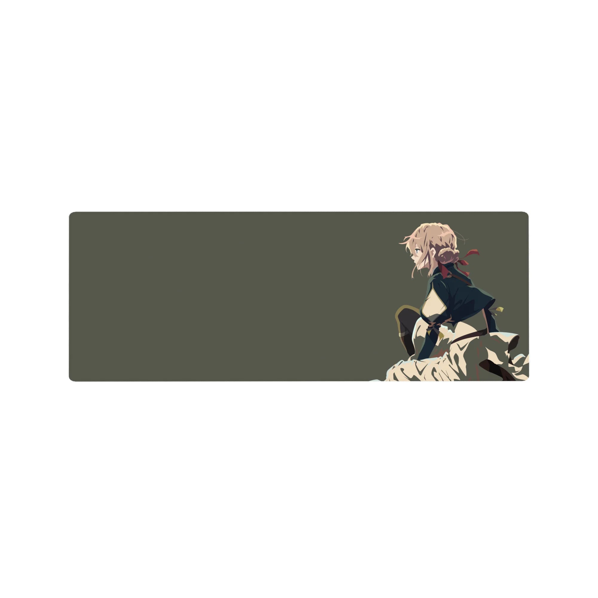 Anime girl mouse pad 32x12 inches with blonde heroine crouched in profile, cape and cream skirt.