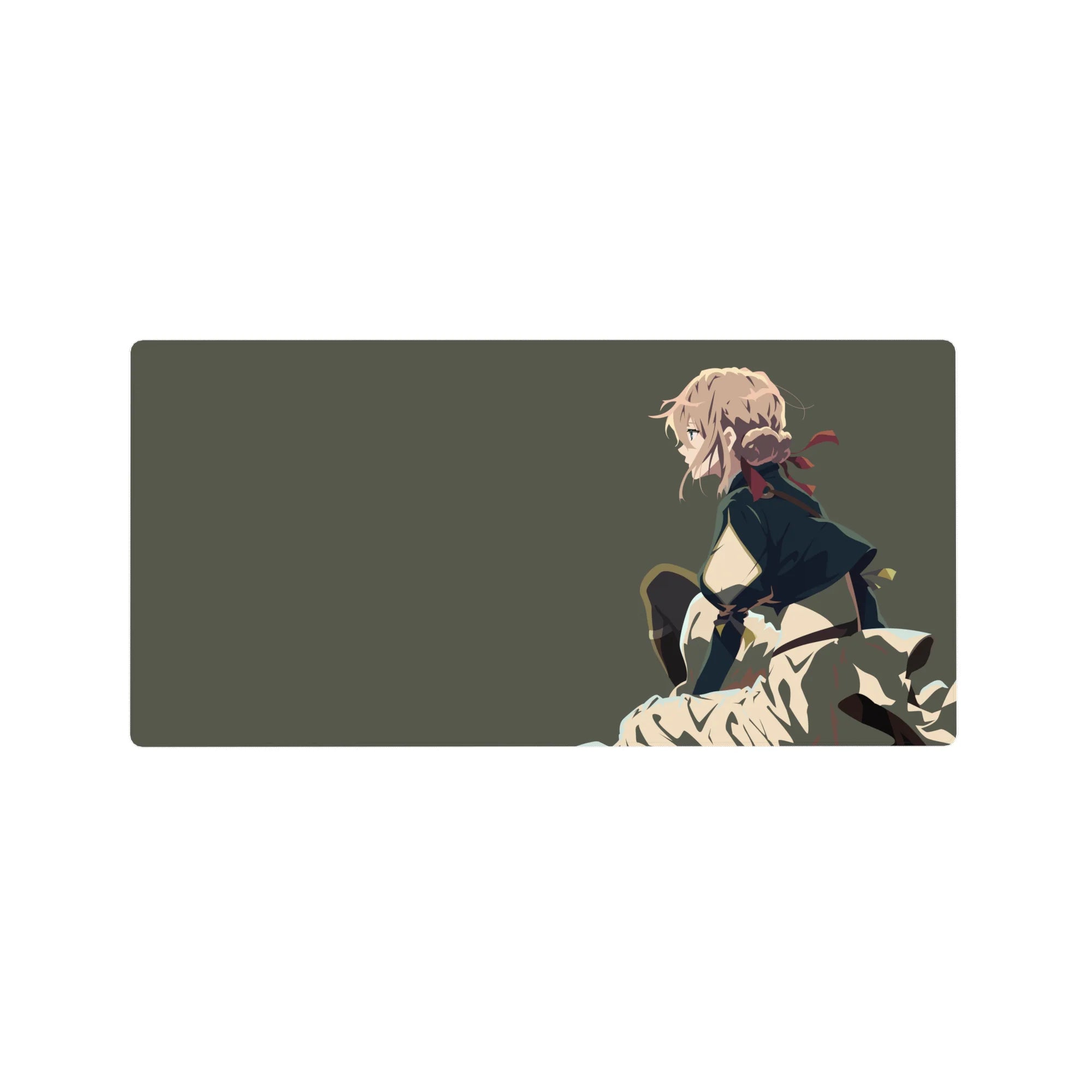 32x16 inches anime girl mouse pad with blonde heroine in profile, crouched in cape and skirt on olive-gray.