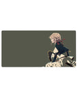 32x16 inches anime girl mouse pad with blonde heroine in profile, crouched in cape and skirt on olive-gray.