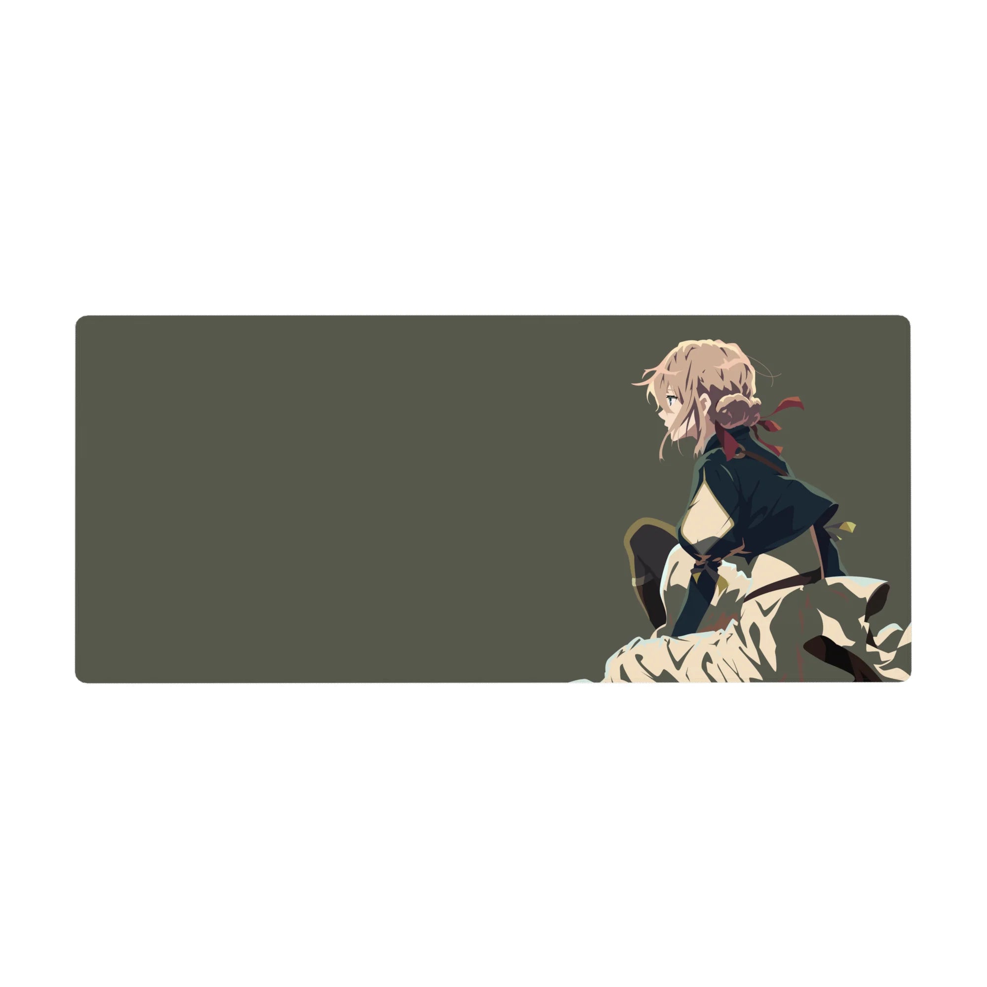 36x16 inches anime girl desk pad with blonde heroine in profile, cape and skirt on olive-gray backdrop.