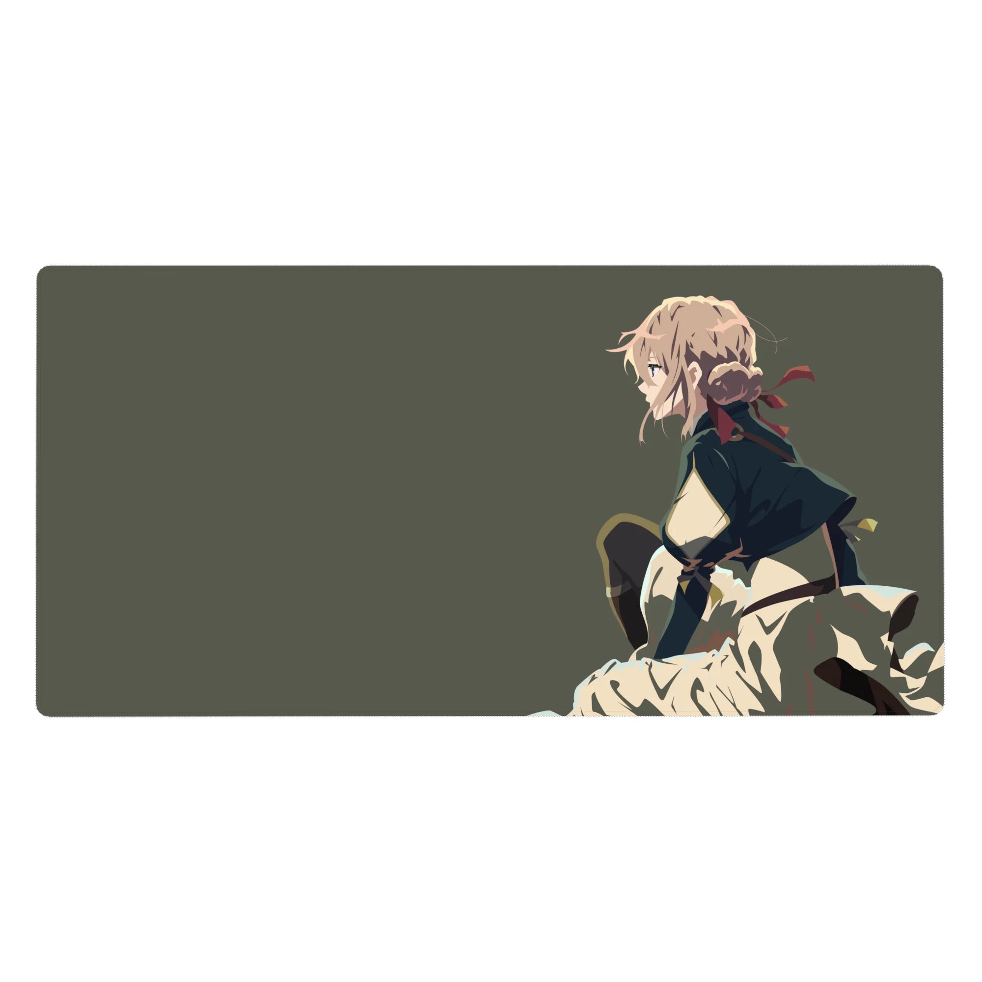 Anime girl desk pad 40x20 inches with blonde heroine in profile, cream skirt, dark cape, red ribbon.