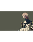 Anime girl desk pad 40x20 inches with blonde heroine in profile, cream skirt, dark cape, red ribbon.