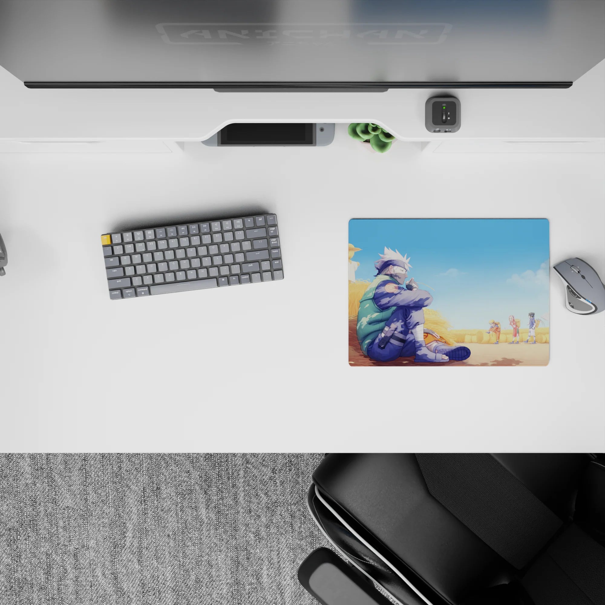 Anime mouse pad 14x10 inches featuring Kakashi Hatake in a wheat field, observing Team 7 with warm, nostalgic hues.