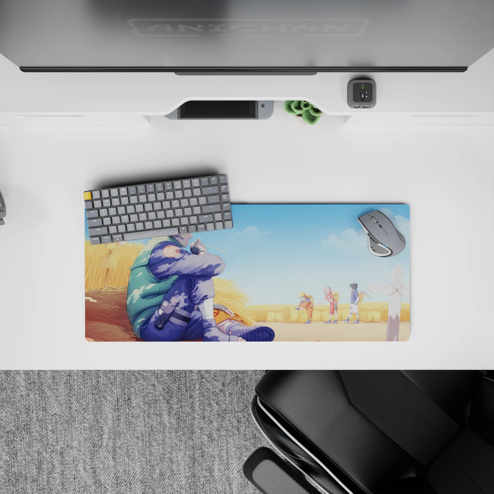 Anime mouse pad 28x12 inches featuring Kakashi Hatake in a wheat field with Team 7 from Naruto, in soft yellows and blues.