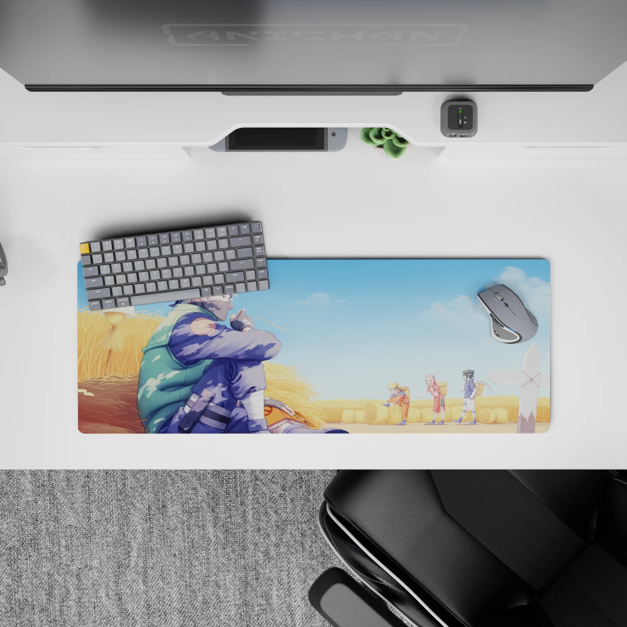 Anime mouse pad 32x12 inches featuring Kakashi Hatake in a wheat field, observing Team 7; Naruto, Sasuke, Sakura.