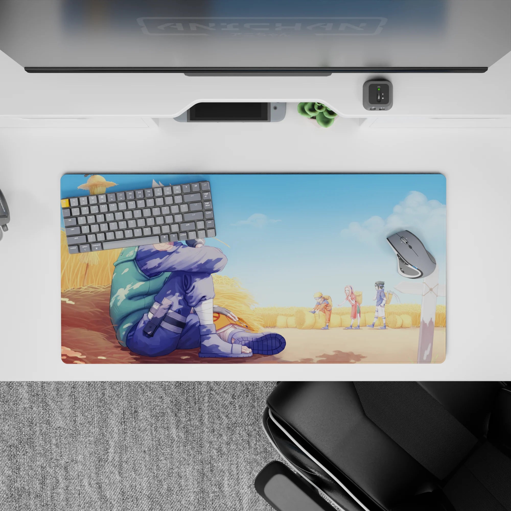 Anime mouse pad 32x16 inches featuring Kakashi Hatake in a wheat field with Naruto, Sasuke, and Sakura in soft colors.