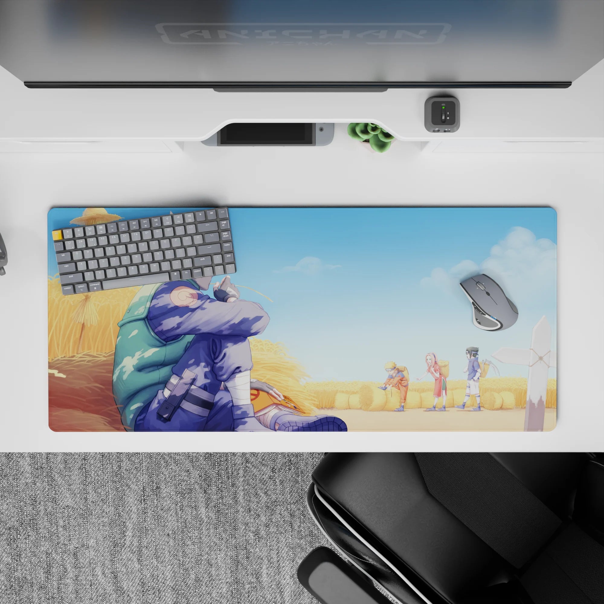 Anime desk pad 36x16 inches featuring Kakashi Hatake in a wheat field with Team 7, soft yellows and blues evoke nostalgia.