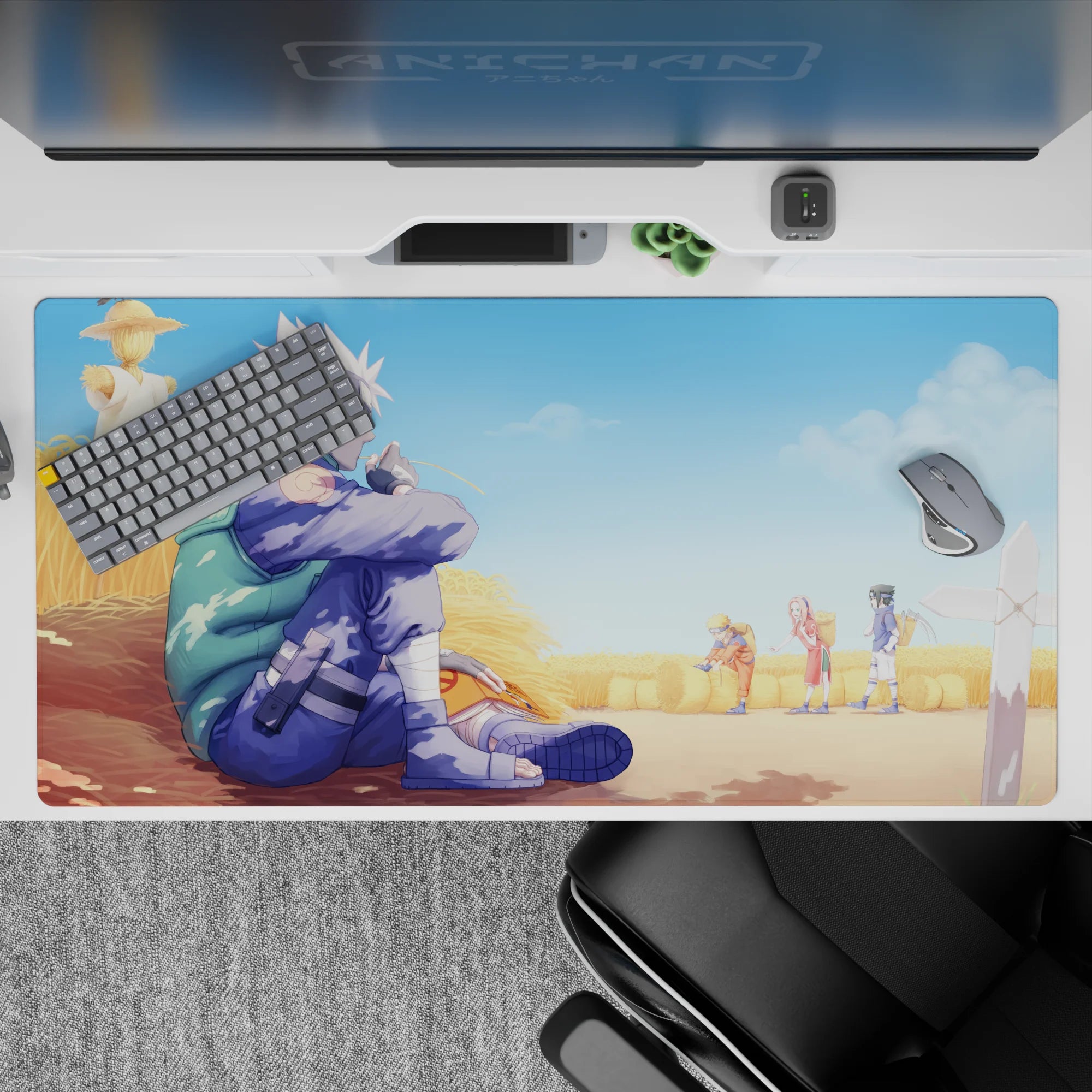 Anime desk pad 40x20 inches featuring Kakashi Hatake in wheat field, observing Team 7 from Naruto, with warm, soft colors.