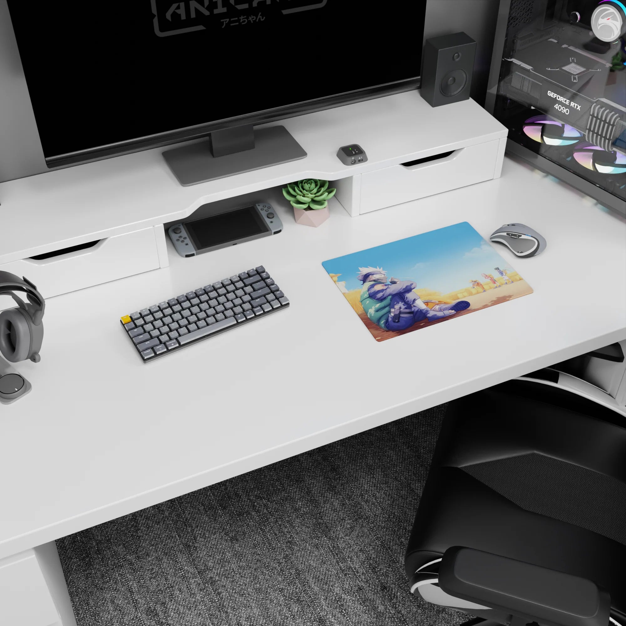 Anime mouse pad 14x10 inches featuring Kakashi Hatake in wheat field, observing Team 7 from Naruto. Warm, peaceful tones.