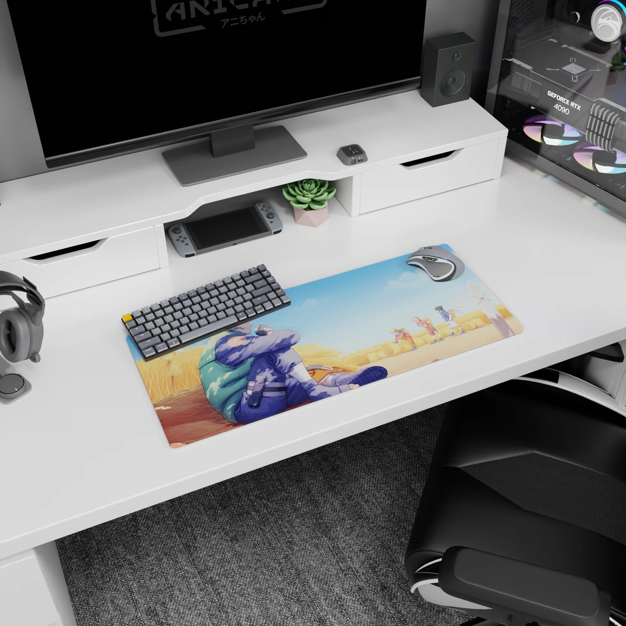 Anime mouse pad 28x12 inches featuring Kakashi Hatake watching Team 7 in a sunlit wheat field, warm golden and blue hues.