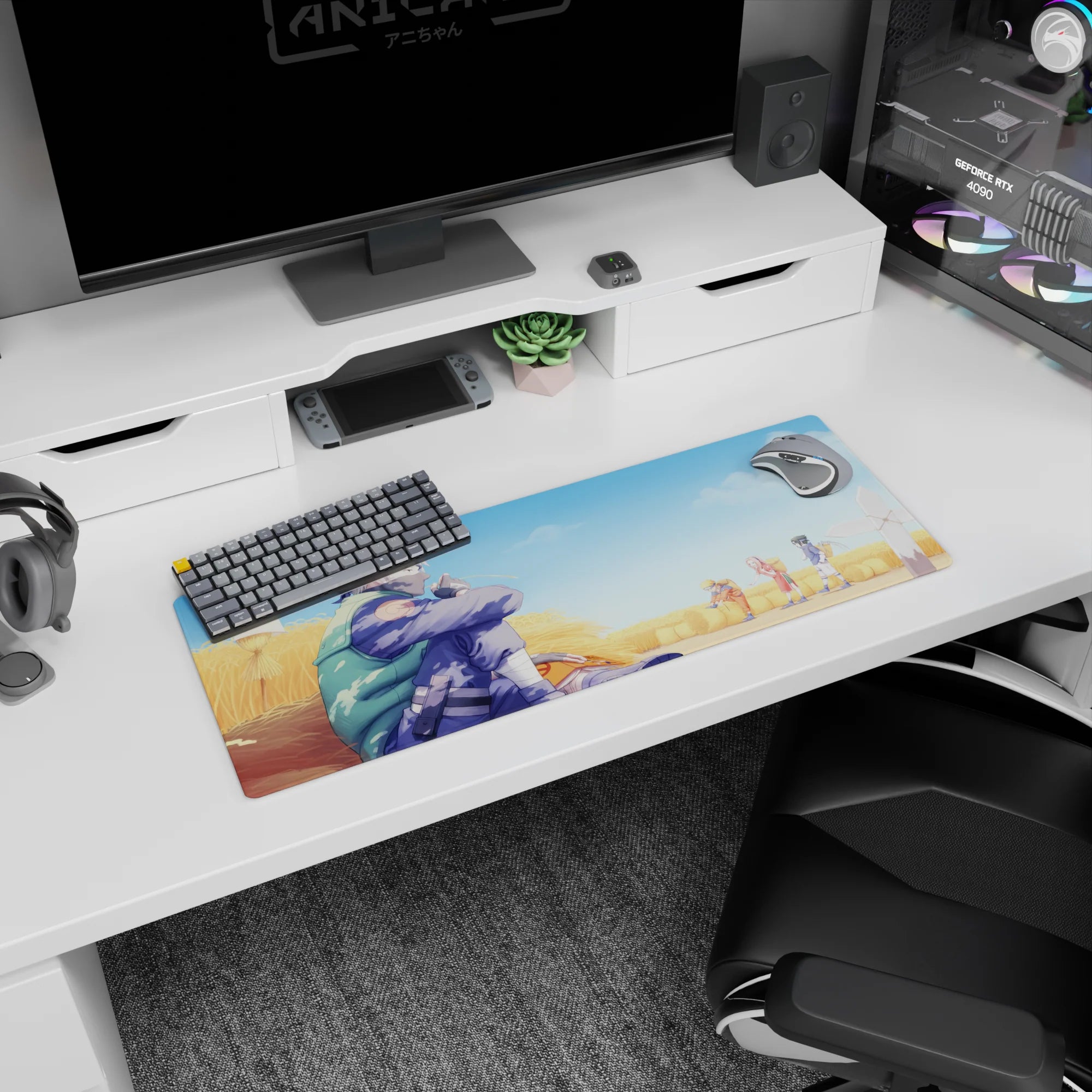 Anime mouse pad 32x12 inches featuring Kakashi Hatake in wheat field, watching Team 7 from Naruto, with warm golden hues.